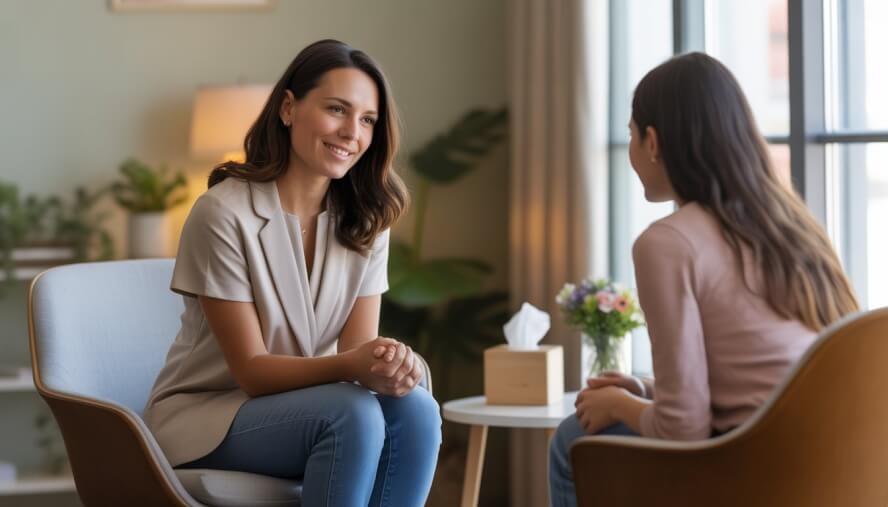 A therapist attentively listening to a woman in a calm, softly lit therapy office.