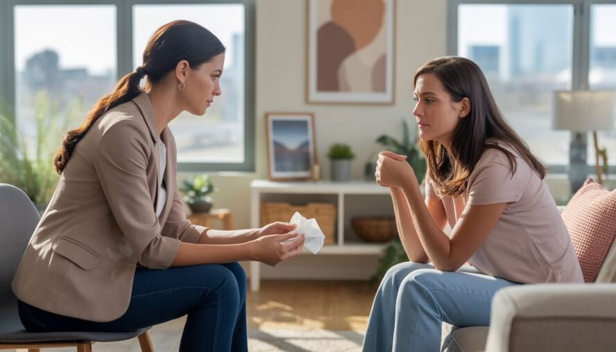 A female therapist attentively listens to a woman in a cozy therapy office, providing support during a counseling session.