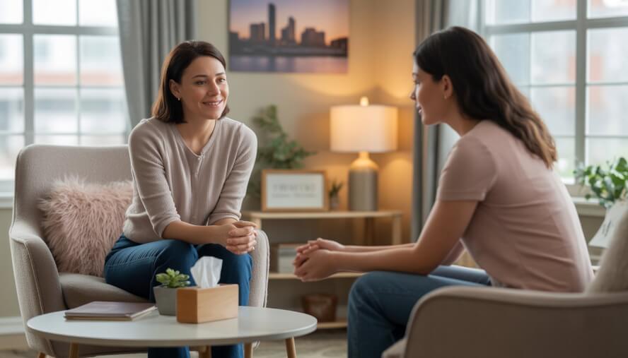 A female therapist listens empathetically to a woman client in a cozy counseling office with natural light and calming decor.