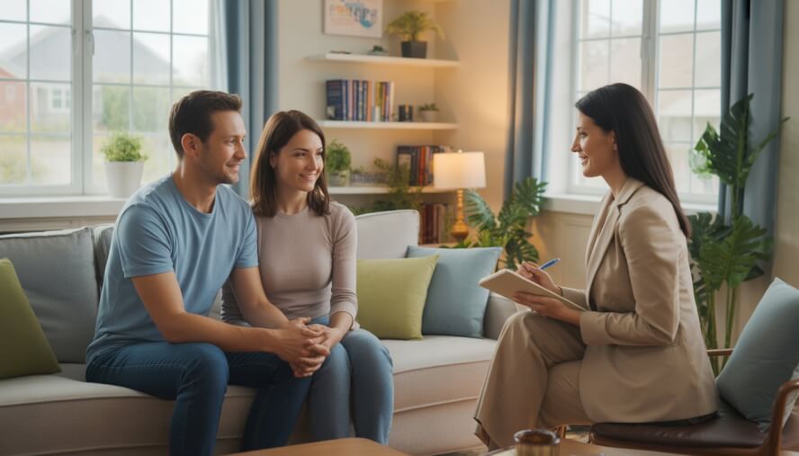 A therapist attentively listening to a couple holding hands in a warm, softly lit therapy office.