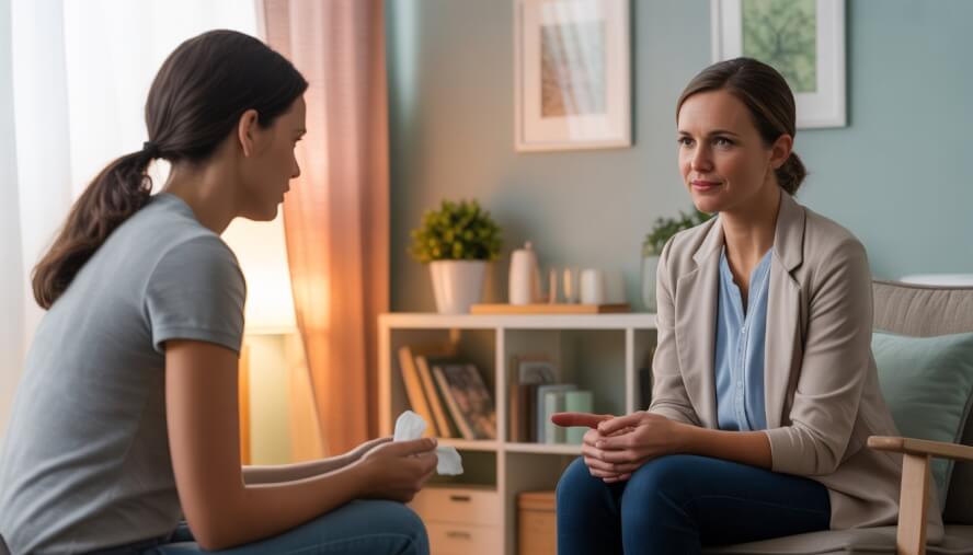 A female therapist attentively listens to an emotional woman in a cozy office with soft lighting and calming decor.