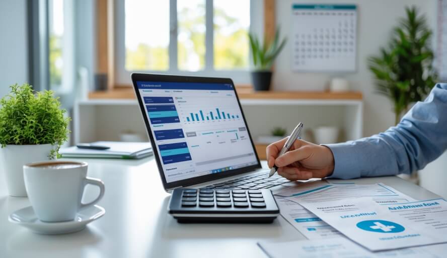 Person reviewing financial and medical documents at a desk with a laptop, calculator, and coffee in a bright home office.