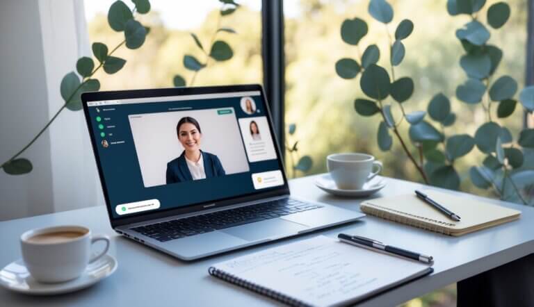 A person using a laptop for an online therapy session in a bright home office with plants visible outside the window.