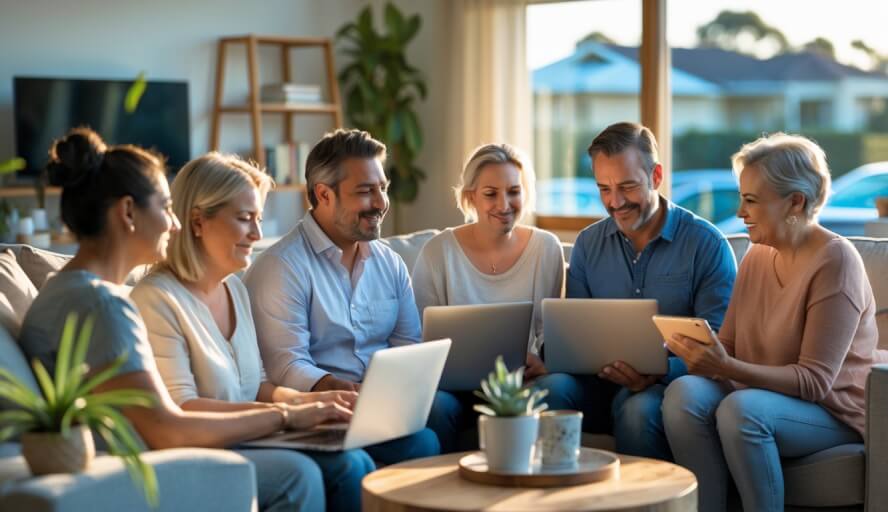 A group of Australian adults participating in an online therapy session at home using laptops and tablets.