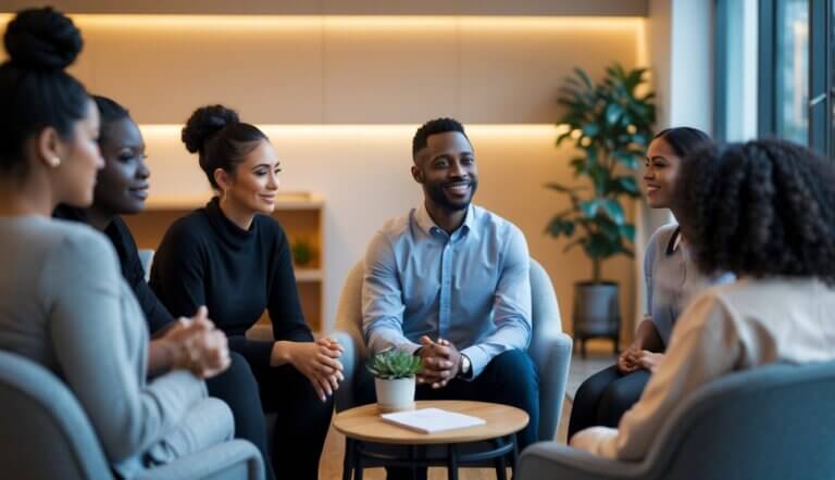 A therapist and client having a supportive conversation in a cozy office setting.