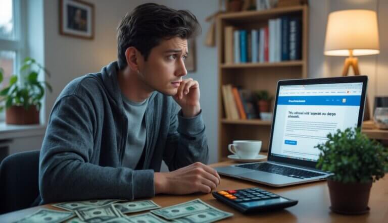A young adult sitting at a desk looking thoughtfully at a laptop, surrounded by bills and a calculator in a cozy home office.