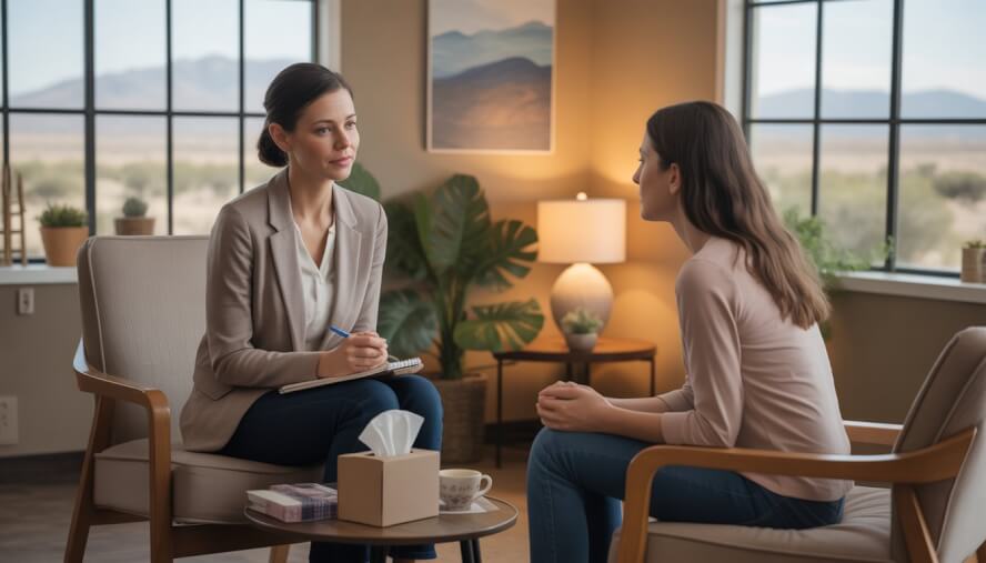A therapist and a woman in a therapy office with a view of desert mountains, engaged in a supportive conversation.