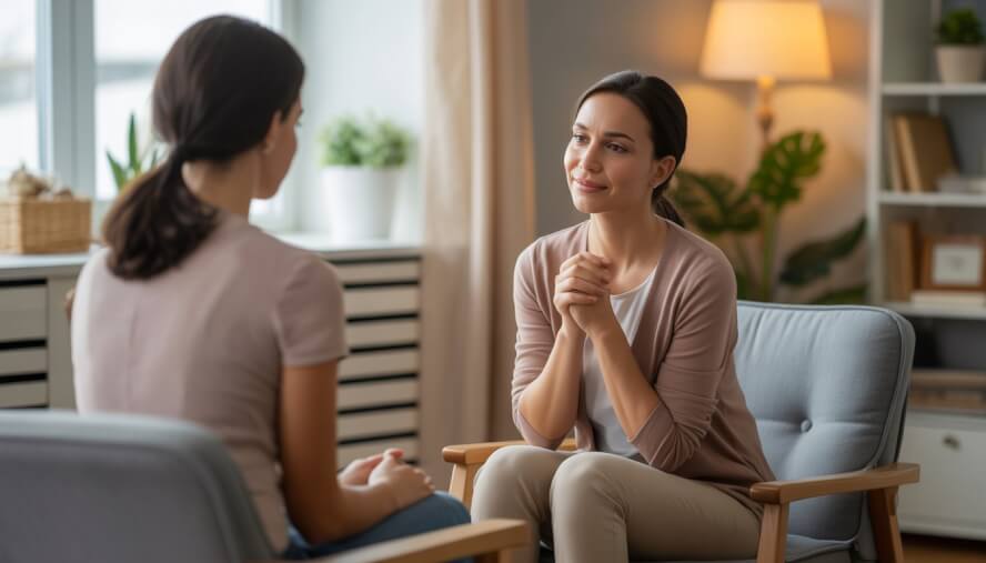 A female therapist attentively listening to a client in a warm, comfortable counseling office.