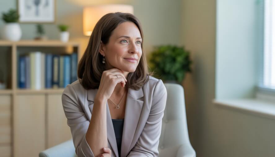 A female therapist sitting in a comfortable office, attentively listening with a gentle smile.