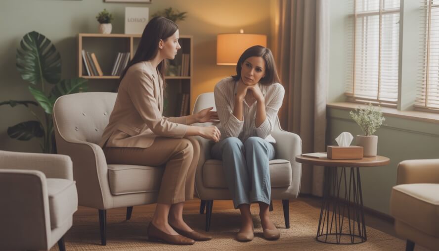 A female therapist attentively listening to a woman in a cozy therapy room with plants and soft lighting.