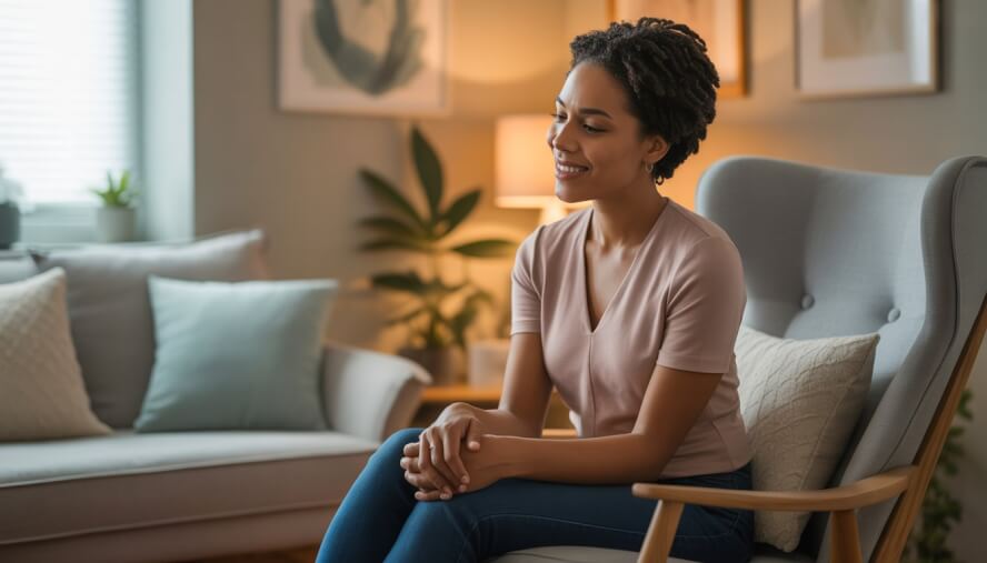 A female therapist attentively listening in a calm, softly lit office with plants and comfortable seating.
