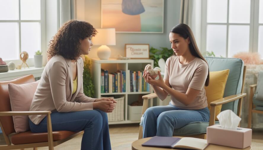 A female therapist attentively listens to a young woman holding a keepsake in a bright, comforting counseling room.