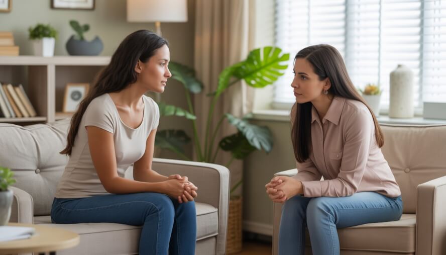 A female therapist attentively listening to a young woman in a softly lit therapy office with plants and books.