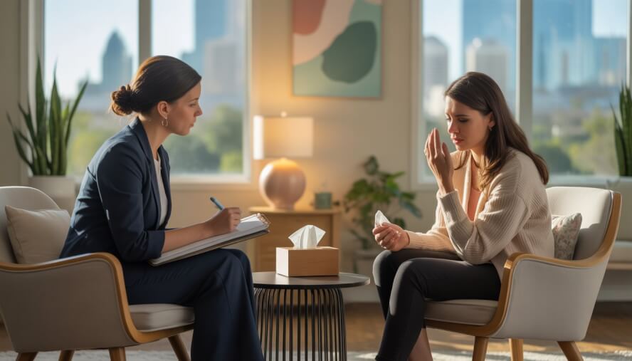 A therapist attentively listening to a woman in a therapy office with a view of San Antonio, showing a supportive and caring environment.