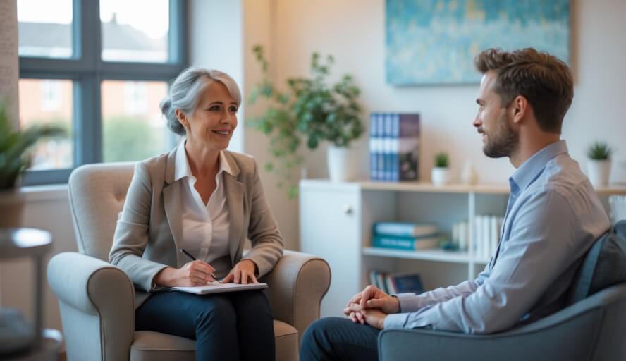 A therapist attentively listening to a client in a bright, comfortable therapy office.