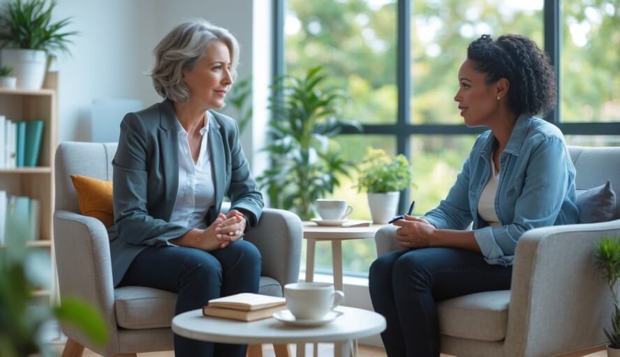 A therapist and a client sitting in a cozy office, engaged in a supportive conversation.