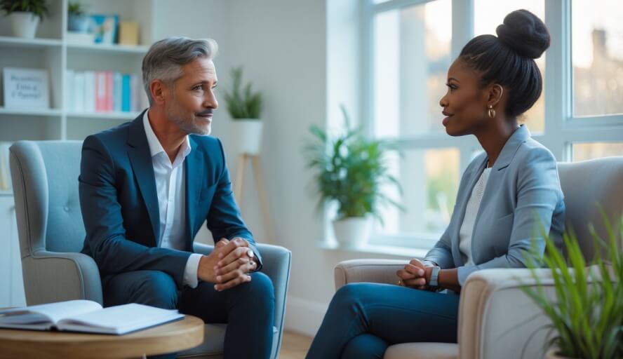 A therapist and client having a supportive conversation in a bright, comfortable therapy office.