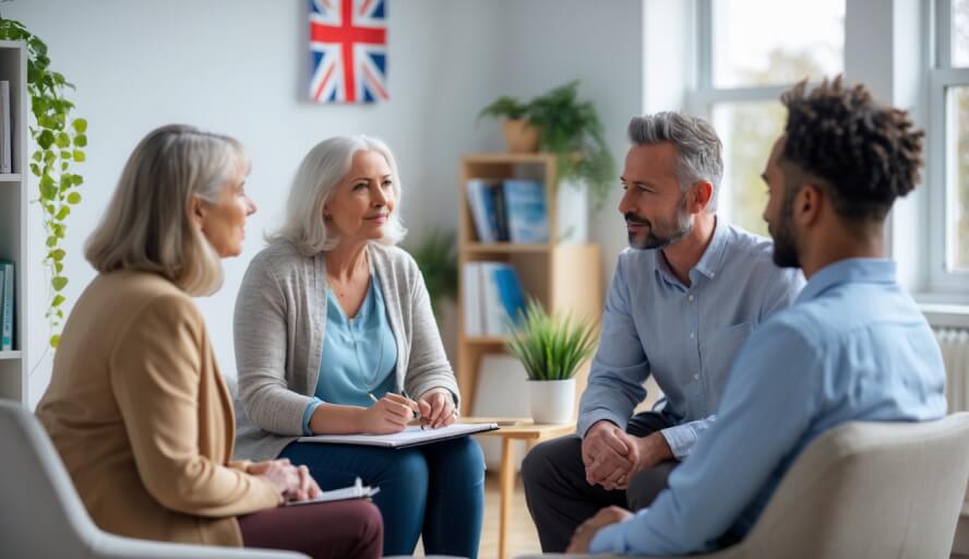 A therapist talking with two adults in a bright, modern office with natural light and plants.
