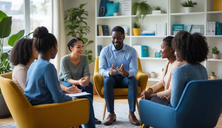 A therapist attentively listening to a client during a supportive therapy session in a bright, comfortable office.
