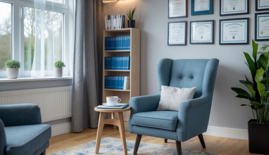 A cozy therapy office with an armchair, bookshelf with books, and framed certificates on the wall.