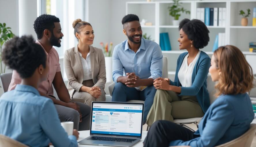 A therapist talking with a client in a bright office while colleagues discuss mental health resources nearby.