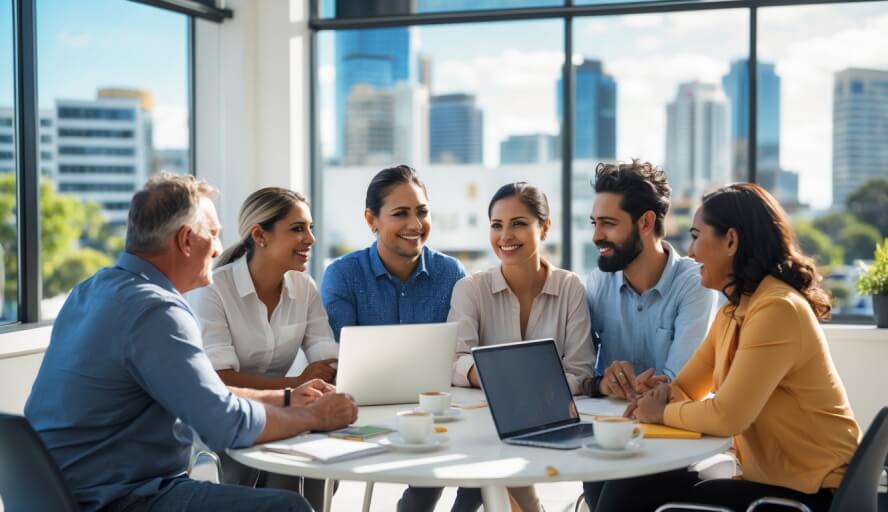A diverse group of adults having a supportive discussion around a table in a bright office with a city view.