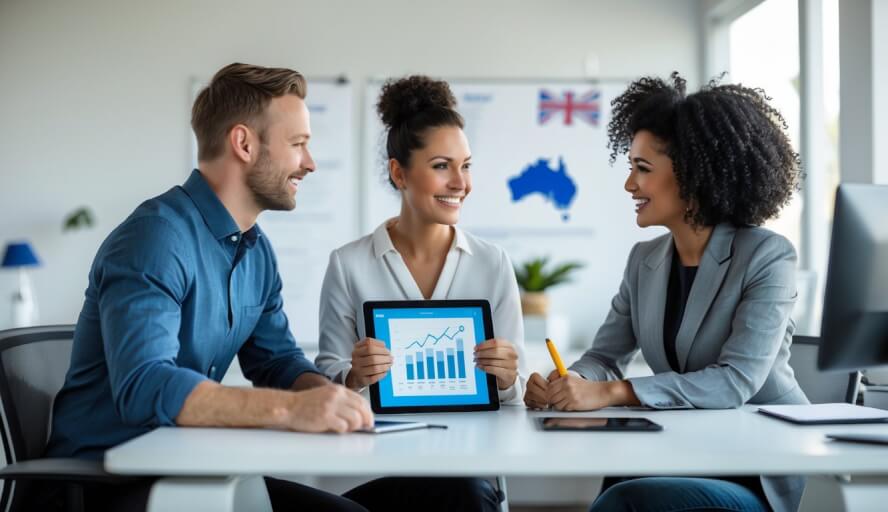 Two professionals discussing mental health services in a bright office with Australian-themed decor.