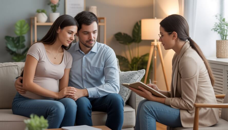 A therapist providing emotional support to a pregnant woman and her partner in a comfortable office.