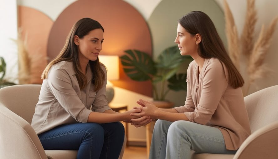 A female therapist attentively supporting an emotional woman in a comfortable therapy office.