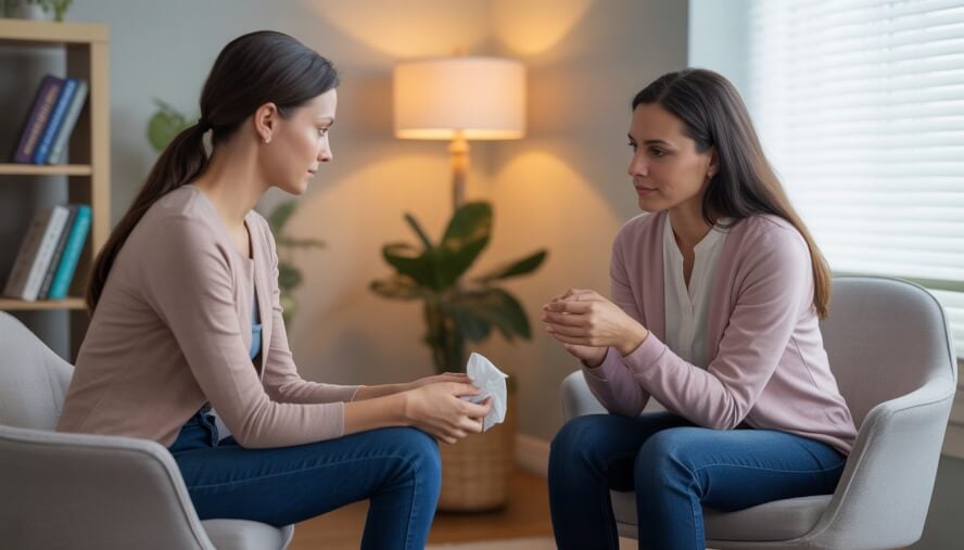 A female therapist and a woman client sitting in a therapy office, engaged in a supportive conversation.