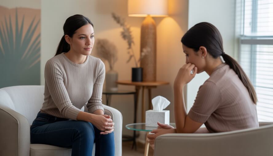 A female therapist attentively listening to a young woman client in a calm, softly lit therapy office with Southwestern decor.