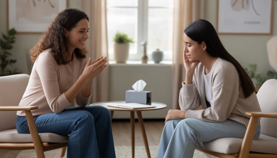 A female therapist attentively listens to a young woman in a counseling office, creating a supportive and caring environment.