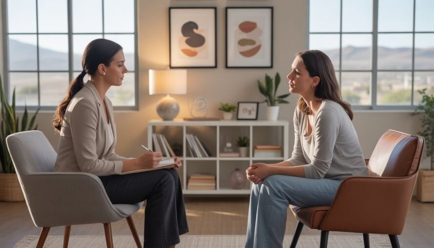 A female psychologist attentively listening to a woman in a therapy office with a view of a southwestern city.