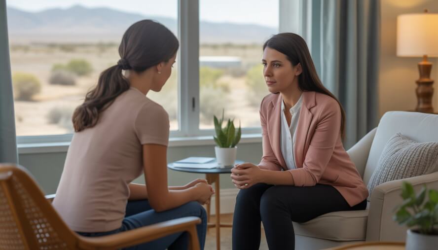 A therapist attentively listening to a woman in a calm, softly lit office with a window showing a desert landscape.