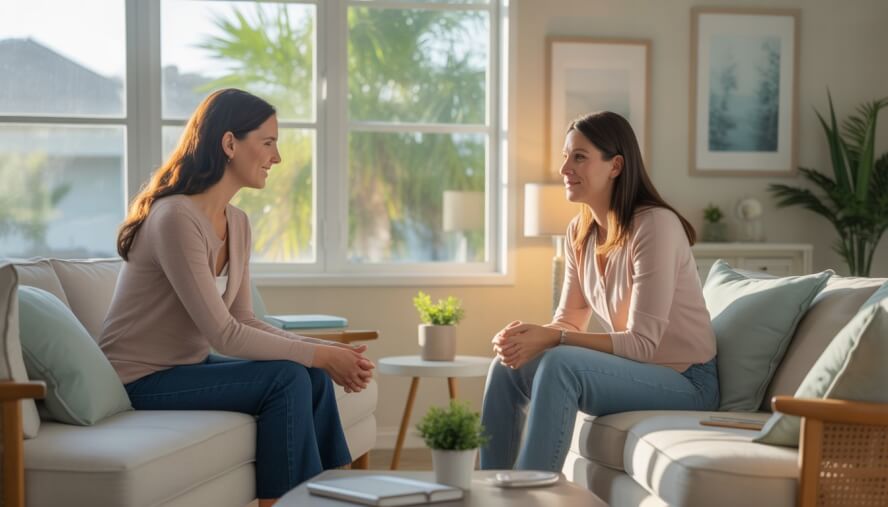 A female therapist attentively listens to a young woman in a bright, comfortable counseling office with natural light and plants.