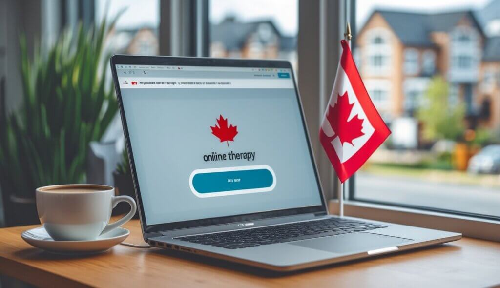 A modern home office with a laptop, coffee cup, and a small Canadian flag on a desk near a window showing a quiet neighborhood.