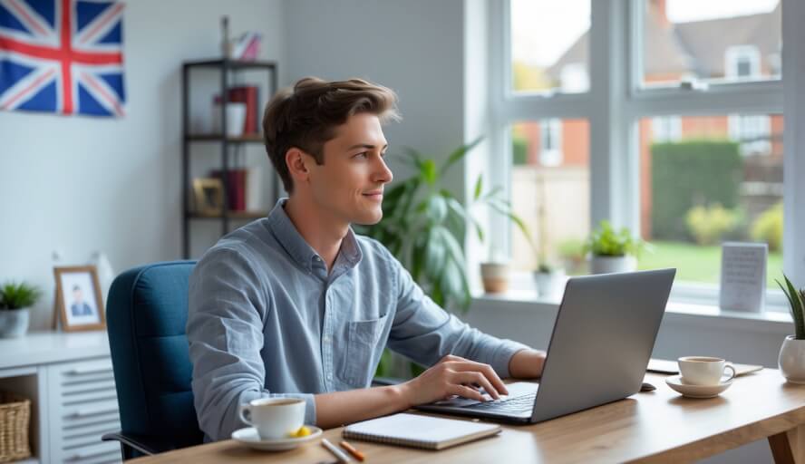 A person sitting at a desk in a bright room, engaged in an online therapy session on a laptop, with calming decor and a small UK flag in the background.