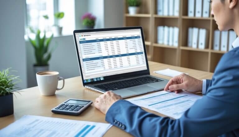 Person sitting at a desk reviewing financial documents with a laptop, calculator, and coffee cup in a modern office.