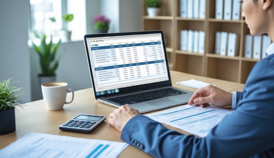 Person sitting at a desk reviewing financial documents with a laptop, calculator, and coffee cup in a modern office.