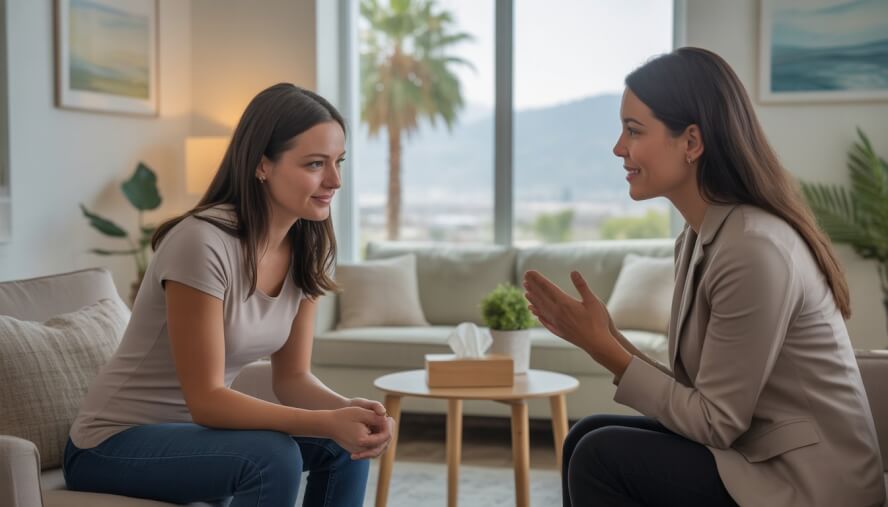 A female therapist listening empathetically to a woman in a softly lit office with a window showing Riverside cityscape and palm trees.
