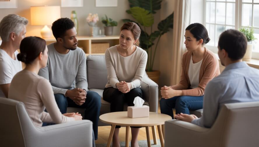 A diverse group of adults sitting in a circle in a therapy room, engaged in a supportive discussion led by a female therapist.