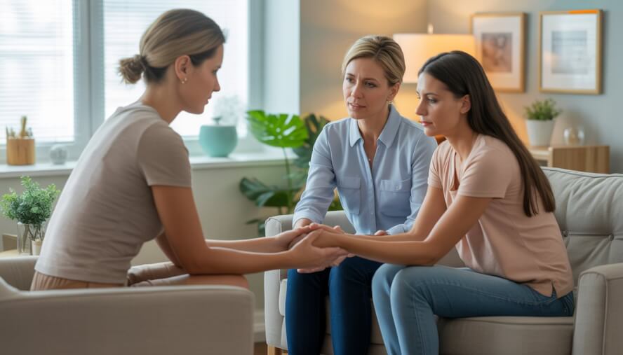 A therapist speaking compassionately with a young couple in a bright, comfortable counseling office.
