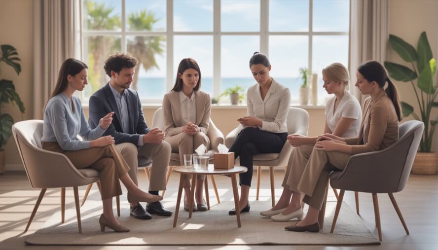 A group of therapists sitting in a comfortable office with natural light and plants, attentively listening and offering support.
