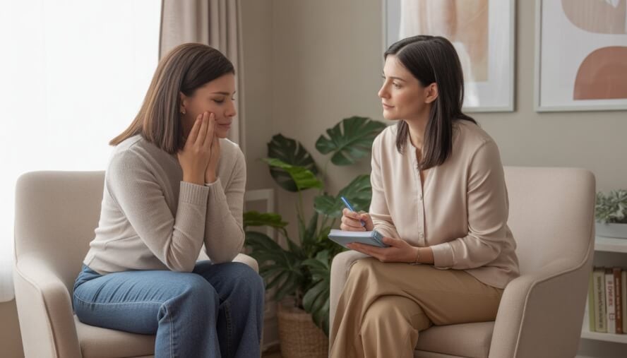 A female therapist comforting a woman in a counseling office with soft lighting and calming decor.
