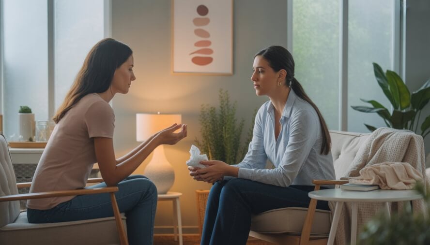 A female psychologist attentively listening to a woman in a therapy office with soft natural light and calming decor.