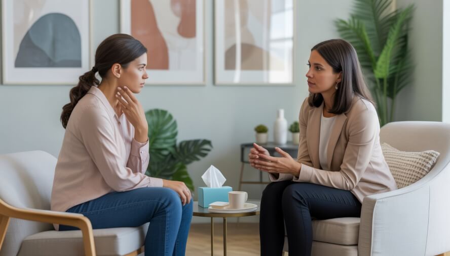 A therapist attentively talking with a woman in a comfortable counseling office, providing emotional support.