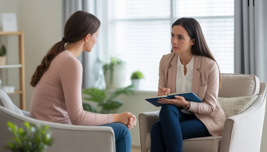 A woman talking with a female therapist in a bright, comfortable therapy office.