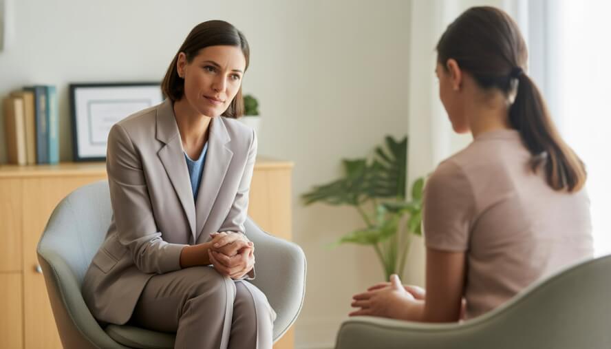 A female therapist attentively listening to a female client in a calm and welcoming counseling office.