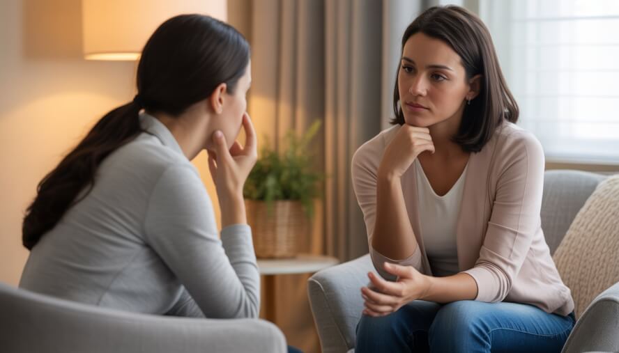 A female therapist attentively listening to a young woman in a calm counseling office, conveying support during pregnancy and postpartum challenges.