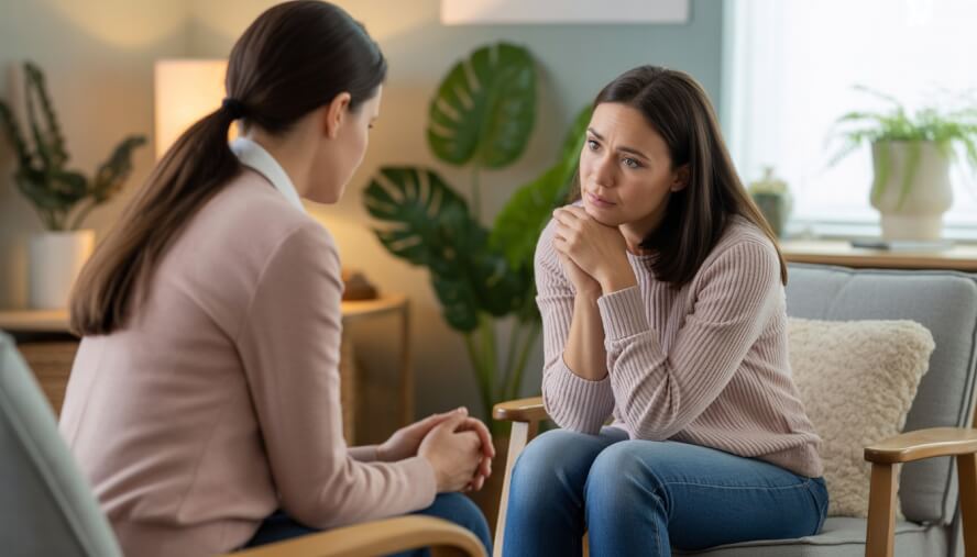 A female therapist attentively listening to a young woman in a comfortable counseling office.